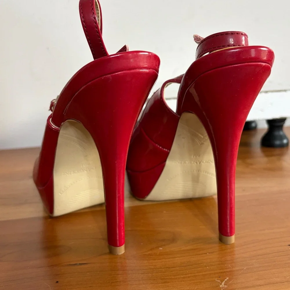 Enzo Angiolini Shaylin Red Patent Peep Toe Platform Slingback Heels 8.5M
